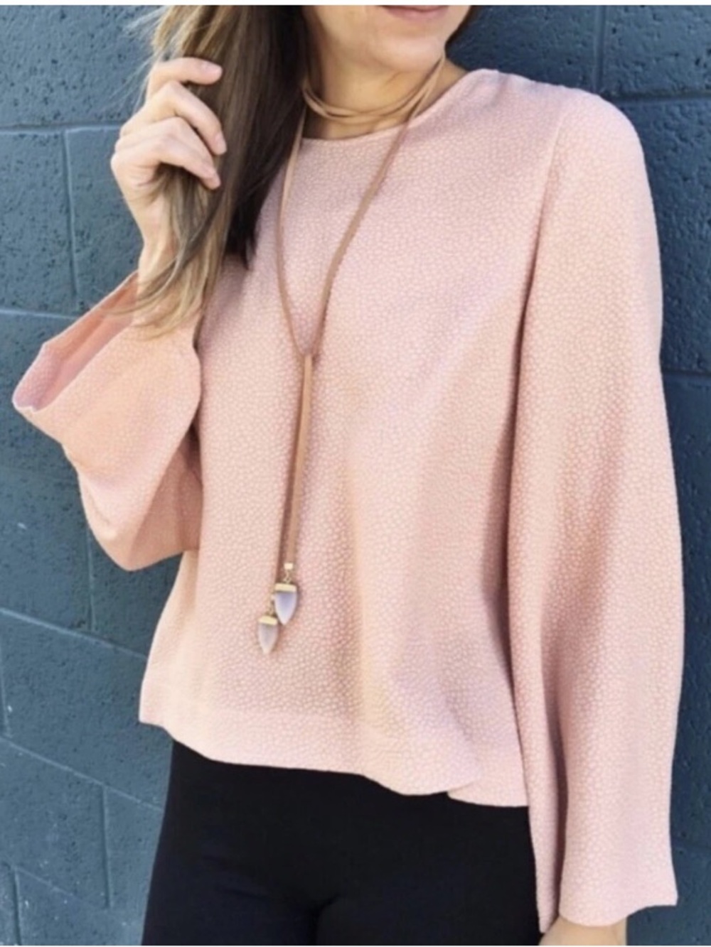 BCBG MAXAZRIA-SMALL-Tracey" Pink Pebbled Angel-Sleeve Blouse